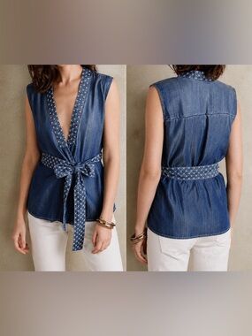 Anthropologie Holding Horses Chambray Wrap Top Belted V Neck Blue‎ Size M